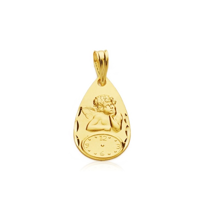 Medalla Bebé oro 18 kilates angel de la guarda lagrima con reloj