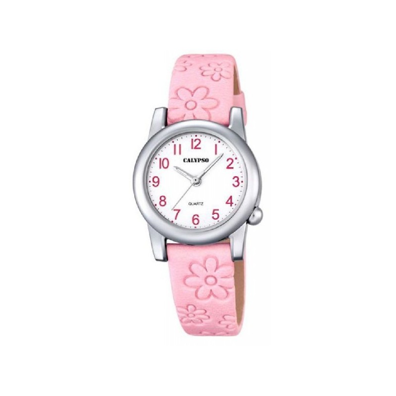 Reloj Calypso Niña K5710-2
Movimiento analogico de cuarzo
Caja de acero
Correa rosa con detalles de flores
Esfera blanca con