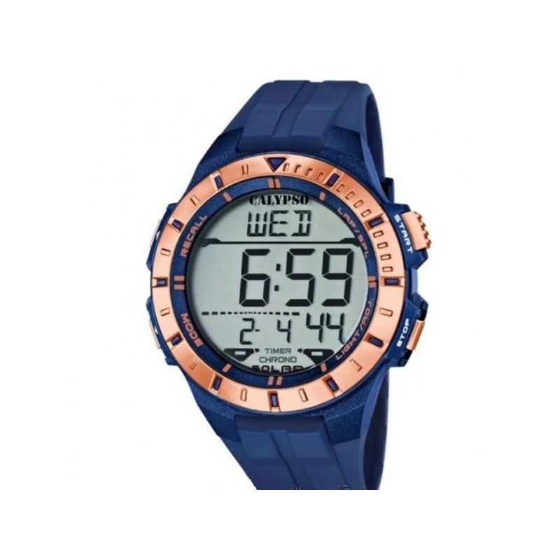 Reloj Calypso Hombre K5607/7 
Caja de policarbonato azul y correa de goma azul 
Funcion de luz, mes, dia, cronografo y alarma