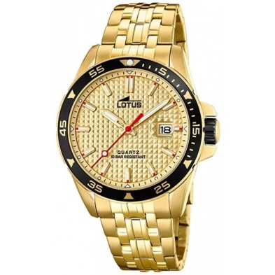 Reloj Lotus de hombre chapado con bisel negro 18654/1
Caja de y brazalete de acero chapado en dorado
Esfera en color dorada co