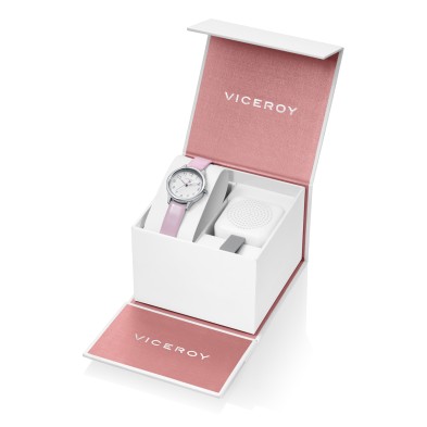 Reloj viceroy 461126-05 para niña con caja de acero y correa en piel rosa, mas altavoz inalambrico blanco.