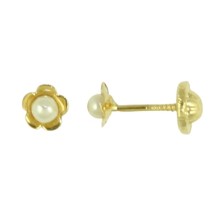 Pendiente de bebé de oro flor con perla 4 mm