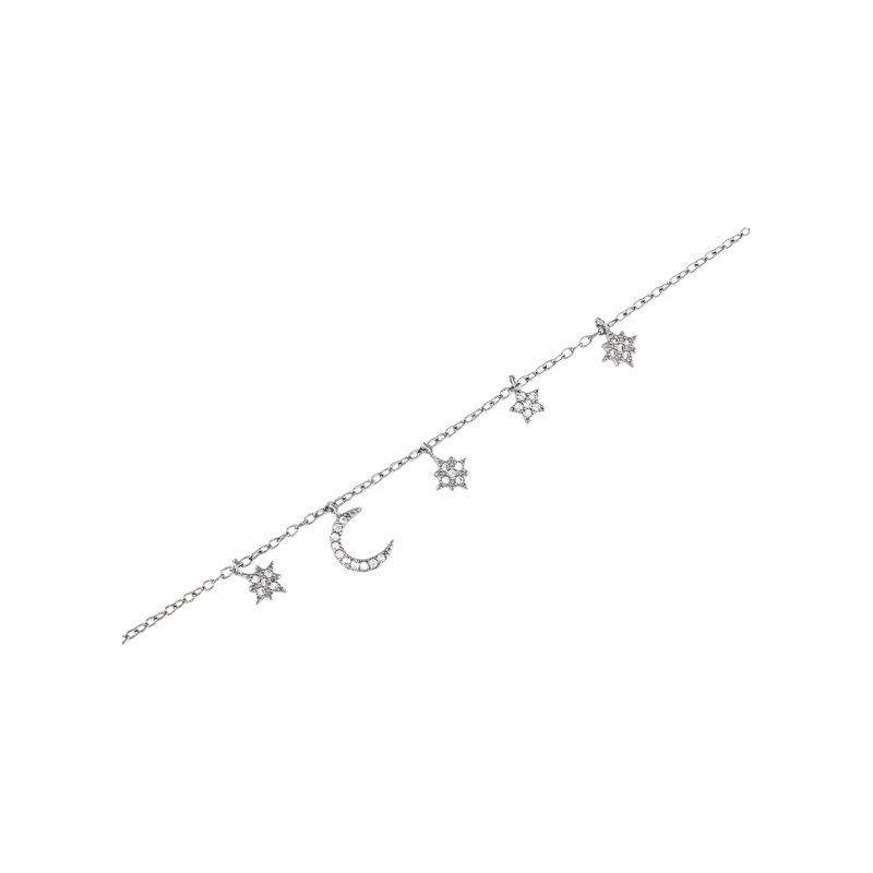 Pulsera para mujer con una luna y 4 estrellas de los vientos con circonitas.<BR>Fabricada en plata de Ley. largo 20 cm.