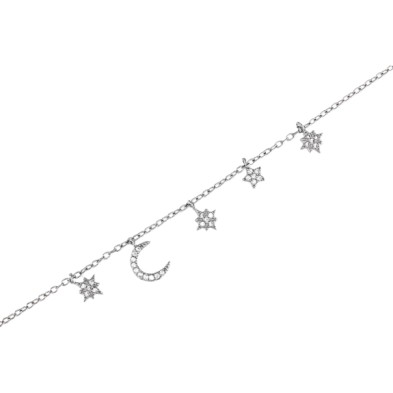Pulsera para mujer con una luna y 4 estrellas de los vientos con circonitas.<BR>Fabricada en plata de Ley. largo 20 cm.