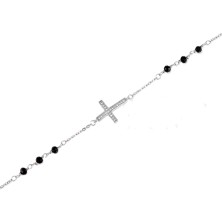 Pulsera para mujer, cruz con circonitas&nbsp;y piedras negras.<BR>Fabricada en plata de 1ª Ley, largo 20 cm.