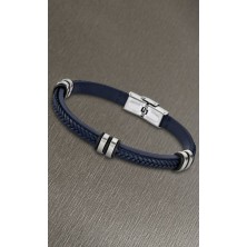 Pulsera de hombre Lotus Style en piel azul.<BR>Con cierre y adornos fabricados en acero inoxidable.