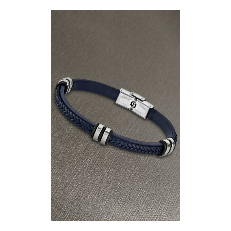 Pulsera de hombre Lotus Style en piel azul.<BR>Con cierre y adornos fabricados en acero inoxidable.