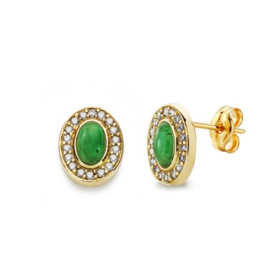 Pendiente para mujer fabricado en oro de 18 kilates.<BR>Oval con piedra verde y circonitas tamaño 9x7 mm.
