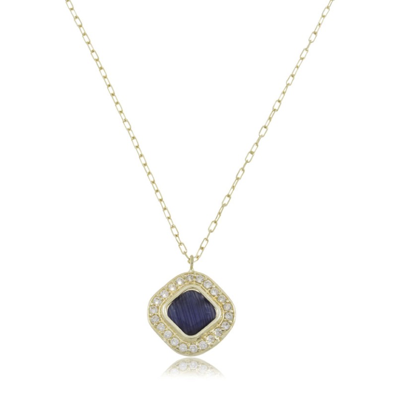 Collar con piedra azul y circonitas fabricado en oro de 18 klt.<BR>Largo de la cadena 42 cm, tamaño del colgante 10 mm.