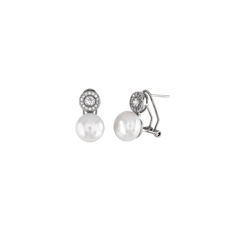 Pendientes para mujer tamaño 17 mm.&nbsp;<BR>Formado por cuajo de circonitas y perla de 10 mm.<BR>Fabricados en plata de ley.