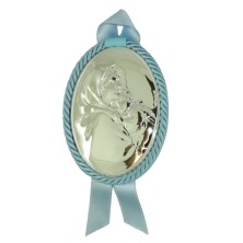 <P>Medalla musical celeste para niño con Virgen y niño brazos. <BR>Esta medalla está bilaminado en plata de 1ª ley de 925 milési