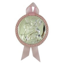 <P>Medalla de cuna para niña rosa. <BR>Esta medalla es bilaminado en plata de 1ª ley.<BR>El tamaño es de 8 cm.<BR>Está adornada 