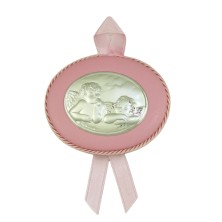 <P>Medalla para cuna musical rosa con angeles. <BR>Esta medalla es bilaminado en plata de 1ª ley&nbsp;<BR>La medalla va adornada