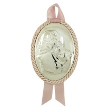 <P>Medalla musical&nbsp;rosa para niña con Virgen y niño brazos. <BR>Esta medalla está bilaminado en plata de 1ª ley de 925 milé
