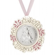 <P>Medalla cuna Virgen del rocio rosa.<BR>Esta medalla de cuna está fabricada en acero, con la Virgen del rocio en relieve. <BR>