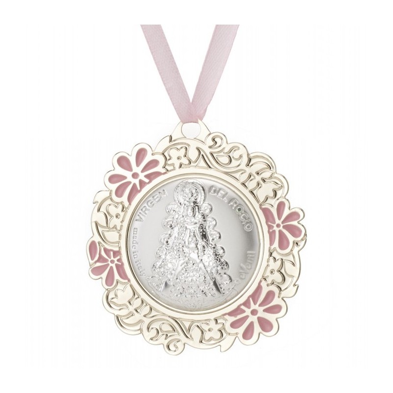 <P>Medalla cuna Virgen del rocio rosa.<BR>Esta medalla de cuna está fabricada en acero, con la Virgen del rocio en relieve. <BR>