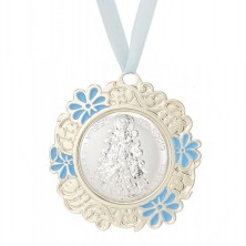 <P>Medalla cuna Virgen del rocio celeste.<BR>Esta medalla de cuna está fabricada en acero, con la Virgen del rocio en relieve. c