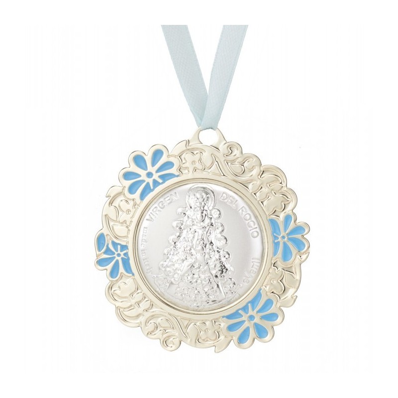 <P>Medalla cuna Virgen del rocio celeste.<BR>Esta medalla de cuna está fabricada en acero, con la Virgen del rocio en relieve. c