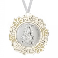 <P>Medalla cuna Virgen del rocio blanco.<BR>Esta medalla de cuna está fabricada en acero, con la Virgen del rocio en relieve.<BR