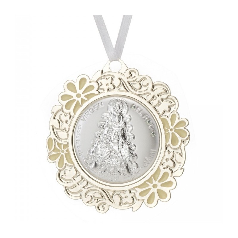 <P>Medalla cuna Virgen del rocio blanco.<BR>Esta medalla de cuna está fabricada en acero, con la Virgen del rocio en relieve.<BR