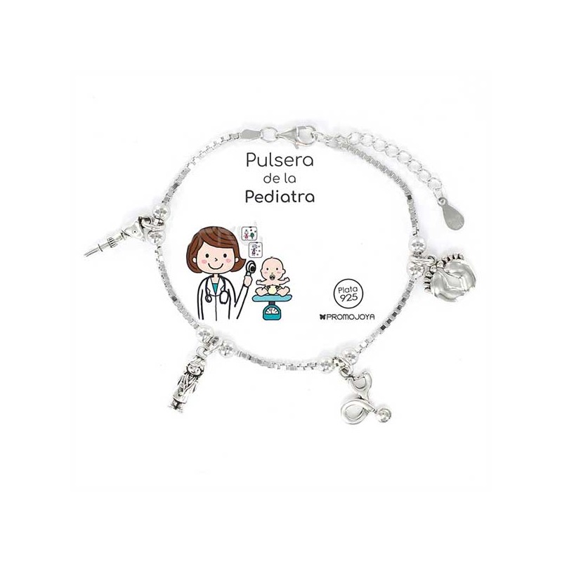 <STRONG>Pulsera de la&nbsp;pediatra<BR>Pulsera de plata</STRONG> con charms de&nbsp;pies de bebe, fonendoscopio, pediatra, otosc