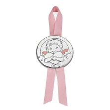 <p>Medalla de cuna doble Angel con corazón rosa <br />Material: Plateado<br /> Firma: Pedro Duran<br /> Tamaño: 7cm aprox<br /><