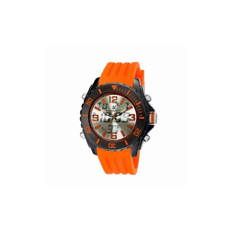 Reloj Radiant Hombre RA169604<BR>Caja de acero negra y correa de caucho naranja<BR>Con movimiento analógico y digital.<BR>Diamet