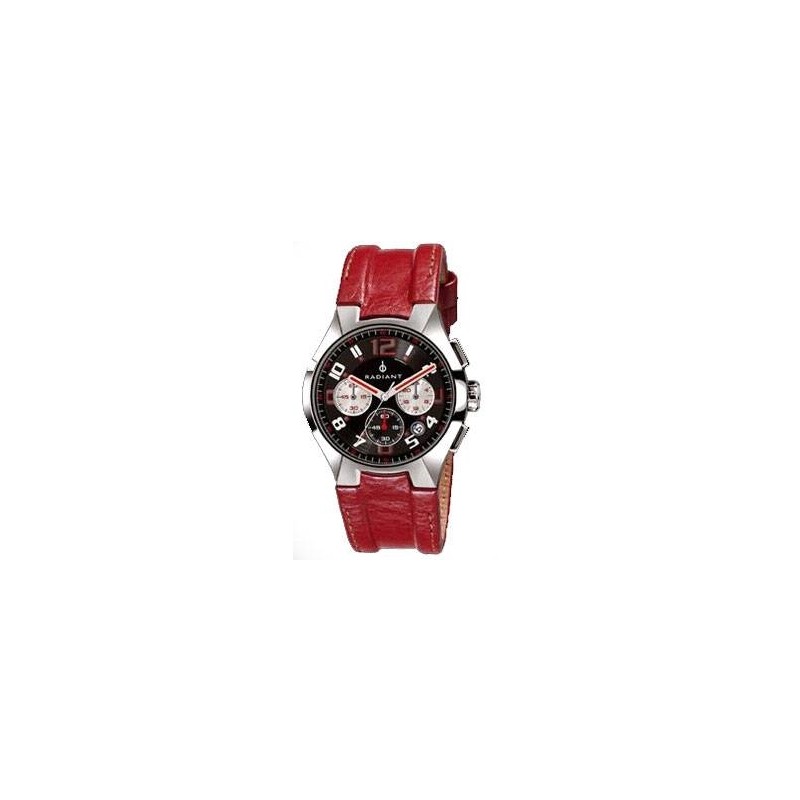 Reloj Radiant Hombre RA23703<BR>Caja de acero y correa de piel en&nbsp;roja con cronografo<BR>Esfera negra con detalles en blanc