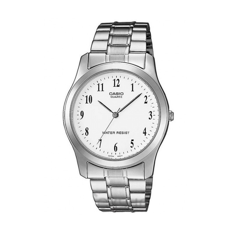Reloj Casio Mtp-1128pa-7bef Hombre<BR>Correa de acero color plata, con esfera blanca y números negros y resistente al agua