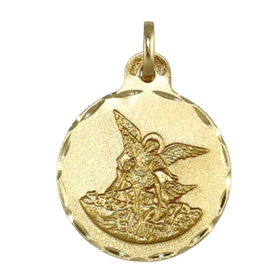 Medalla San Miguel Arcángel en oro de 18 kilates redonda con un tamaño de 21mm.