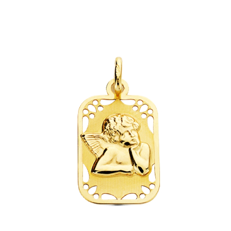 <STRONG>Medalla bebe niño oro 18 kilates</STRONG>. <STRONG>Medalla niño oro</STRONG> rectangular con angel de la guarda calado. 
