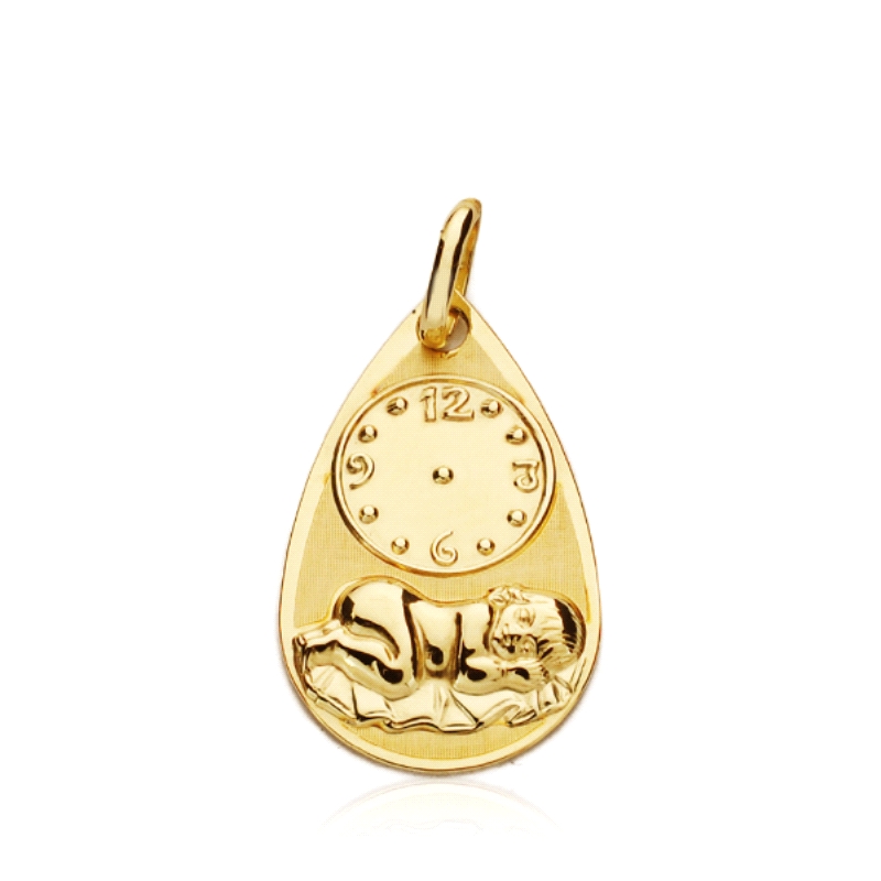 <STRONG>Medalla bebe con reloj 9 kilates</STRONG>. <STRONG>Medalla bebe con niño y reloj 9 kilates</STRONG>. Medidas 19 x 12mm E