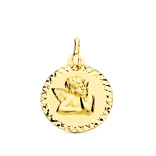 Medalla bebe oro 9 kilates con Angel de la Guarda y filos tallados. Medalla niño de oro 9 kilates de forma circular con filos ta