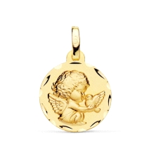 Medalla bebe oro 9k angel con paloma. Medalla para bebe de oro 9 kilates con forma circular, el motivo es un angelito en relieve