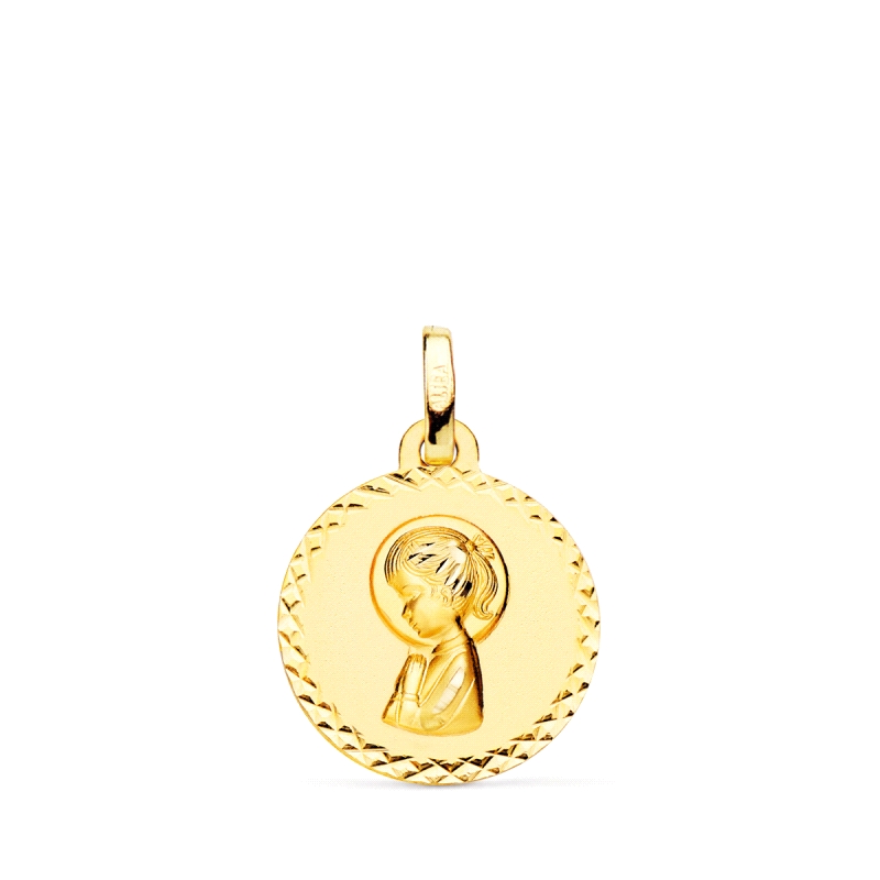 Medalla oro niña 9 kilates. Medalla oro niña con filo tallado formando estrellas con imagen de la virgen niña de lado con coleta