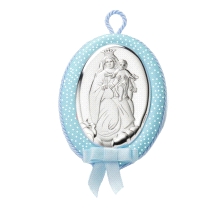 Medalla de cuna oval Virgen del Carmen celeste.<BR>El tamaño de esta medalla de cuna es de 9.50 cm de alto y 6.5 cm de ancho.<BR