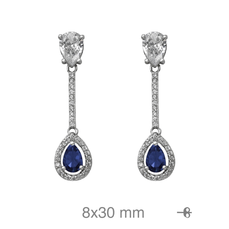 <STRONG>Pendiente largos</STRONG> para <STRONG>mujer plata</STRONG> con circonitas blancas y una color azul con forma de lágrima