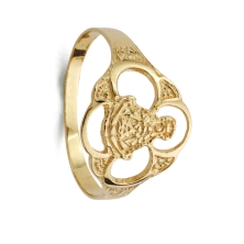 Anillo para mujer de la Virgen del Rocio.<BR>Tamaño del frente 13 x 14 mm.<BR>Fabricado en oro de 18 kilates.