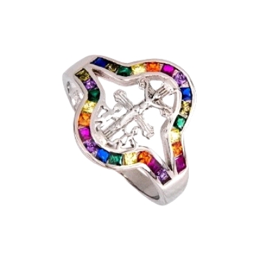 <STRONG>Anillo</STRONG> con circonitas de colores <STRONG>cruz de caravaca</STRONG> <STRONG>plata</STRONG>. <STRONG>Anillo</STRO