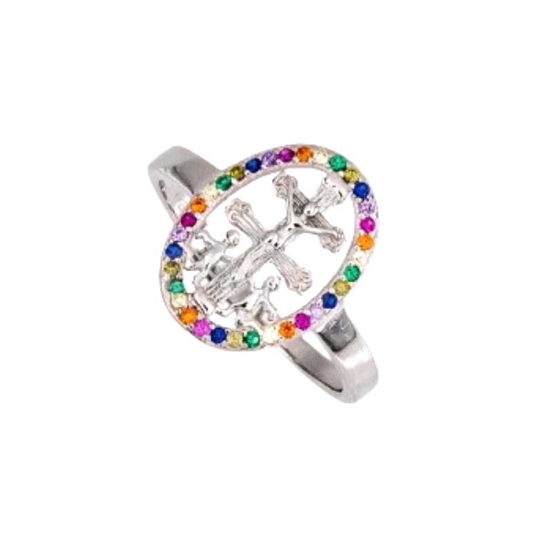 <STRONG>Anillo cruz caravaca plata mujer multicolor</STRONG>. <STRONG>Sortija cruz de caravaca</STRONG> con frente ovalado cuaja