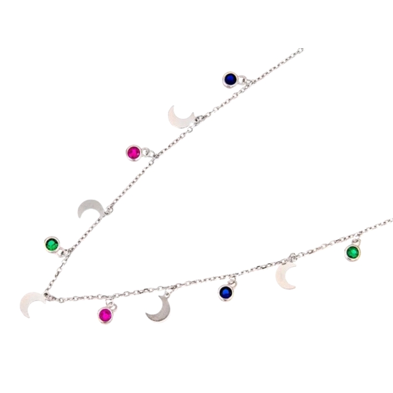 <STRONG>Gargantilla plata lunas mujer</STRONG>. <STRONG>Collar </STRONG>con<STRONG> lunas</STRONG> y circonitas de colores para 