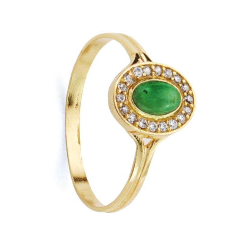 Anillo para mujer fabricado en oro de 18 kilates.<BR>Oval con circonitas y piedra verde.
