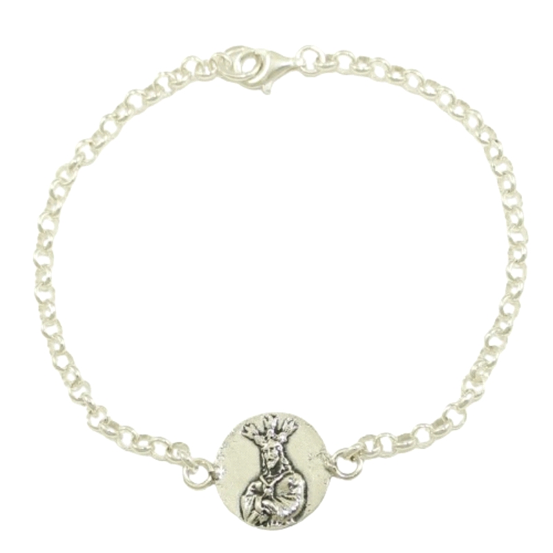 Pulsera para mujer con una medalla del cautivo de 15 mm.<BR>Modelo rolo, largo 18 cm, fabricada en plata de Ley.