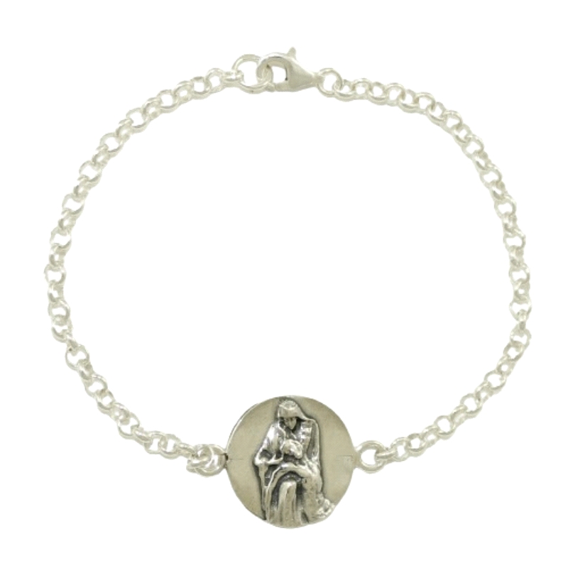 Pulsera de la Virgen de la Piedad para mujer<BR>Medalla de la Piedad de 17 mm,&nbsp;&nbsp;&nbsp;ancho del eslabon&nbsp;3 mm, cie