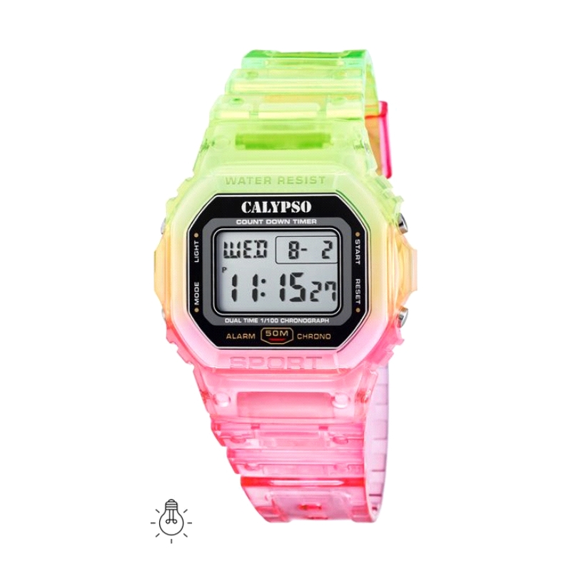 <STRONG>Reloj Calypso K5874/4 digital rosa</STRONG>. <STRONG>Reloj Calypso K5874/4&nbsp;digital universal&nbsp;rosa y amarillo</