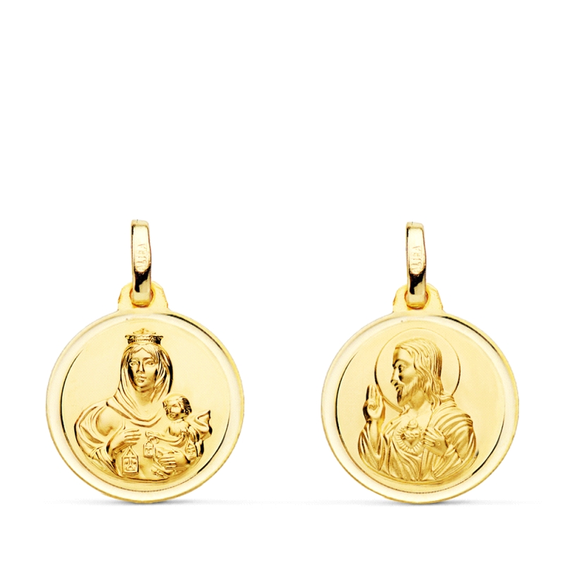 <STRONG>Medalla 16 mm escapulario oro 18k bisel</STRONG>. Medalla escapulario Virgen del Carmen y Corazón de Jesus. Medalla esca