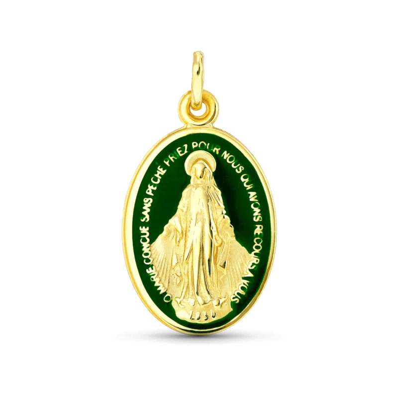 <STRONG>Medalla Virgen Milagrosa 20 x 14 mm oro 18k verde</STRONG>.&nbsp;Colgante de la <STRONG>Virgen Milagrosa</STRONG> esmalt