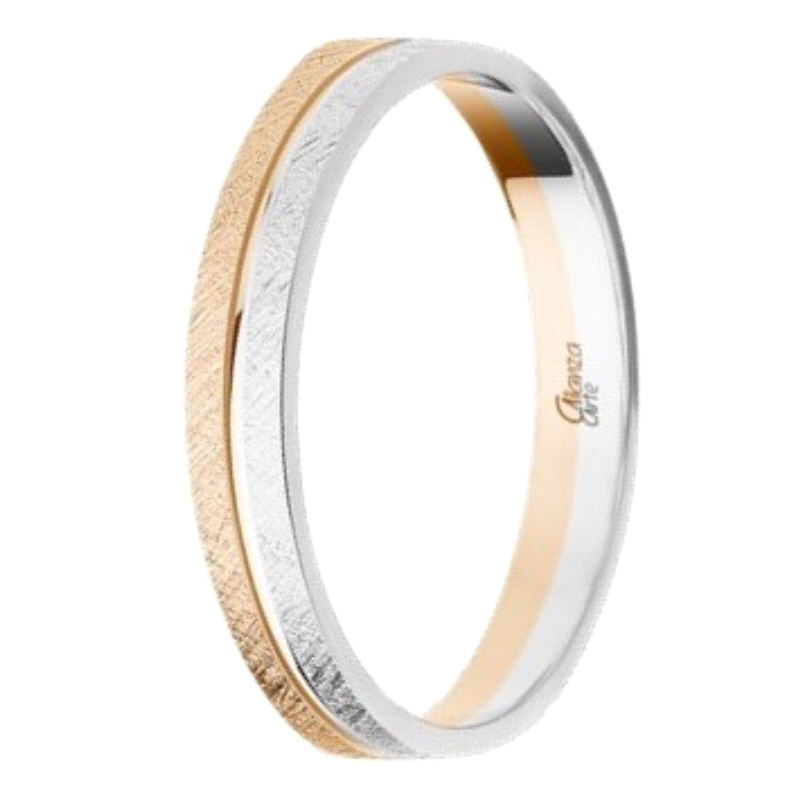 <STRONG>Alianza 9 kilates bicolor&nbsp;3mm&nbsp;plana rosa y blanca<BR>Alianza oro 9 kilates</STRONG> 3mm con acabado diamantado