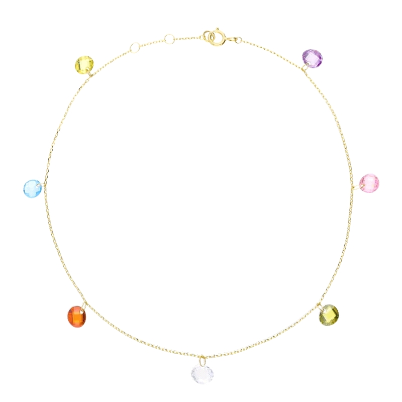 <STRONG>Pulsera tobillera oro amarillo 18k&nbsp;5 piedras colores</STRONG>. Pulsera tobillera con colgantes de piedras de colore