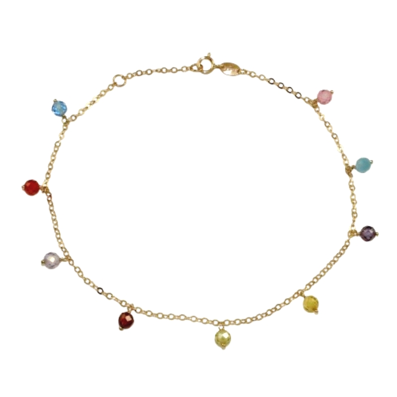 <STRONG>Tobillera oro amarillo 18k&nbsp;colores</STRONG>. Pulsera tobillera con colgantes de piedras de colores fabricada en <ST